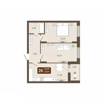 2-к кв. Кемеровская область, Кемерово 58В мкр, 1 (63.99 м)