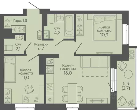 2-к кв. Волгоградская область, Волгоград Трехгорная ул., 27 (57.4 м)