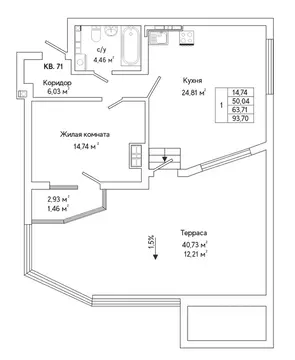1-к кв. Свердловская область, Екатеринбург ул. Яскина, 14/3 (63.0 м)