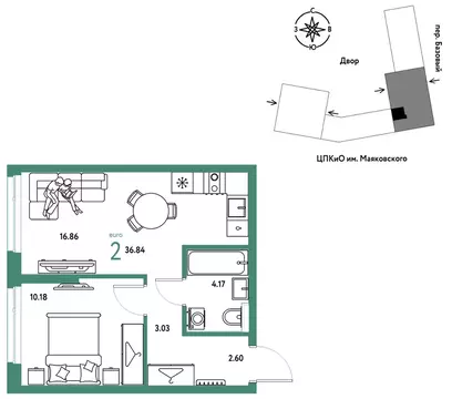 2-к кв. Свердловская область, Екатеринбург пер. Базовый, 10 (36.84 м)