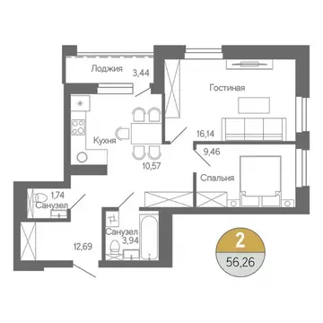 2-к кв. Башкортостан, Стерлитамак ул. Ботаническая, 10 (56.26 м)