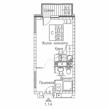 1-комнатная квартира: Владивосток, улица Расула Гамзатова, 7к1 (26 м)