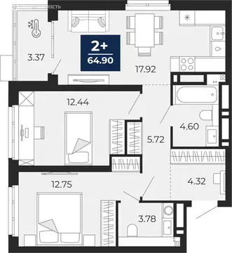 2-комнатная квартира: Тюмень, Заполярная улица, 12 (63.22 м)