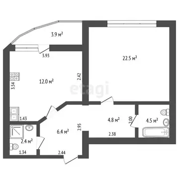 1-комнатная квартира: Тюмень, Транспортная улица, 84 (53.1 м)