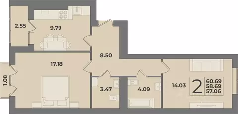 2-к кв. Калининградская область, Калининград Суздальская ул. (60.69 м)