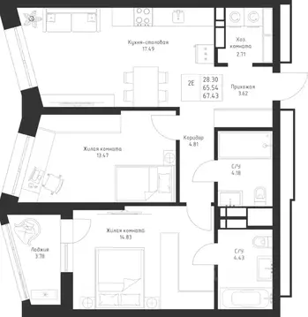 2-к кв. Татарстан, Казань Седьмое Небо жилрайон,  (67.43 м)