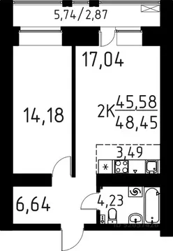 2-к кв. Томская область, Томск ул. Вершинина, 58к1 (48.45 м)