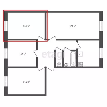1к в 4-комнатной квартире (13.7 м)