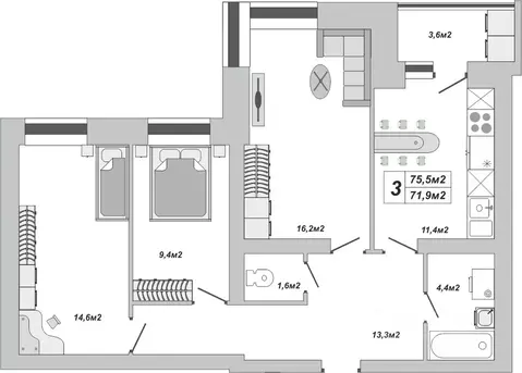 3-к кв. Тамбовская область, Тамбов ул. Чичерина, 7/1к3 (75.5 м)