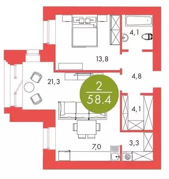2-к кв. Красноярский край, Красноярск ул. Шахтеров, 31Б (58.4 м)