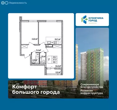 2-комнатная квартира: Нижний Новгород, ЖК Кузнечиха Город, 13 (58.1 м)