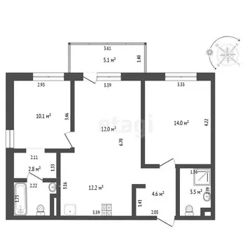 2-комнатная квартира: Тюмень, Профсоюзная улица, 49 (62.3 м)