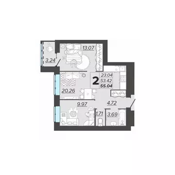 2-к кв. Брянская область, Брянск Архитектор жилой комплекс (55.04 м)