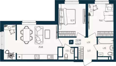 2-к кв. Тюменская область, Тюмень  (63.67 м)