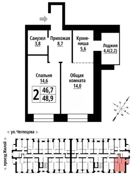 2-к кв. Алтайский край, Барнаул ул. Чеглецова, 25Ак1 (48.0 м)