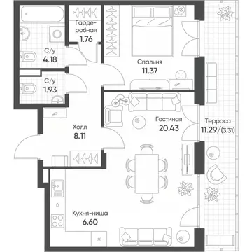 2-к кв. Татарстан, Казань Квартал Сюита жилой комплекс (57.69 м)