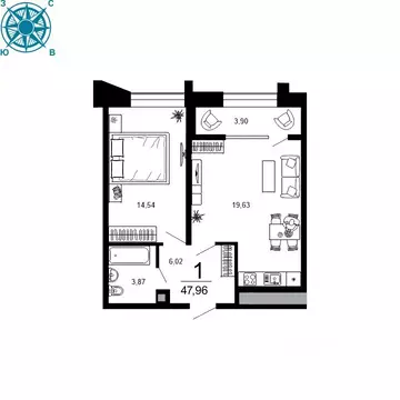 1-к кв. Рязанская область, Рязань ул. 1-я Железнодорожная (47.96 м)