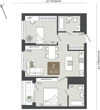 2-комнатная квартира: Тюмень, улица Василия Подшибякина, 5 (59.35 м)