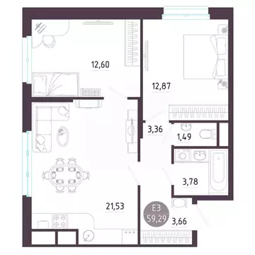 2-к кв. Тульская область, Тула ул. Пряничная, 7 (59.29 м)