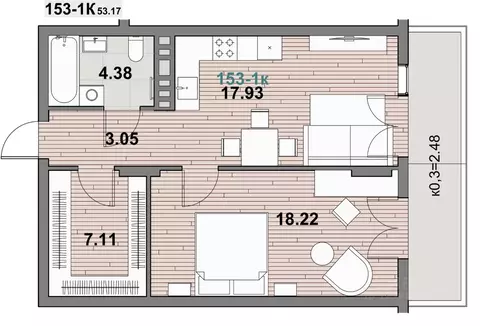 1-к кв. Калининградская область, Зеленоградск ул. Гагарина (53.17 м)