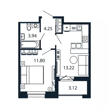 1-комнатная квартира: Новоселье, Центральная улица, 30к2 (32.8 м)