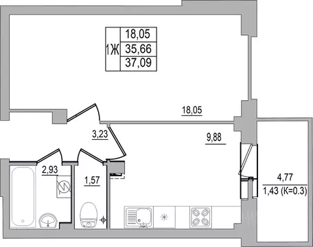 1-к кв. Псковская область, Псков ул. Юности, 32 (37.09 м)