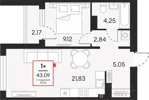 1-к кв. Ханты-Мансийский АО, Сургут 37-й мкр,  (43.09 м)