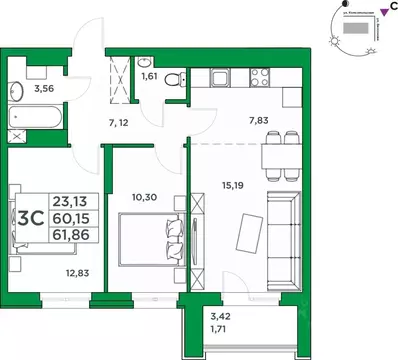 2-к кв. Башкортостан, Уфа Комсомольская ул., 8 (60.15 м)