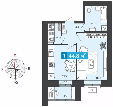1-комнатная квартира: Засечное, микрорайон Город Спутник (44.8 м)