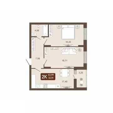 2-к кв. Кемеровская область, Кемерово 58В мкр, 1 (63.99 м)