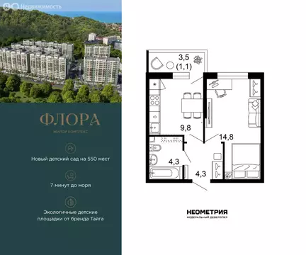 1-комнатная квартира: Сочи, улица Искры, 66/9к8 (34.3 м)