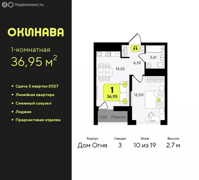 1-комнатная квартира: Тюмень, жилой комплекс Окинава (36.95 м)