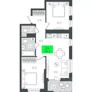 2-к кв. Тюменская область, Тюмень ул. Василия Малкова, 19 (58.29 м)