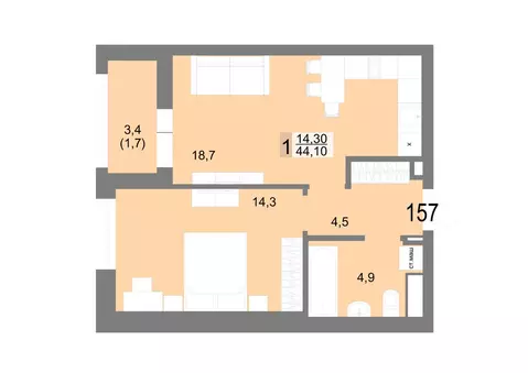 1-комнатная квартира: Екатеринбург, Посадская улица, 26 (44.1 м)