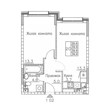 2-к кв. Приморский край, Владивосток ул. Расула Гамзатова, 7к1 (39.9 ...