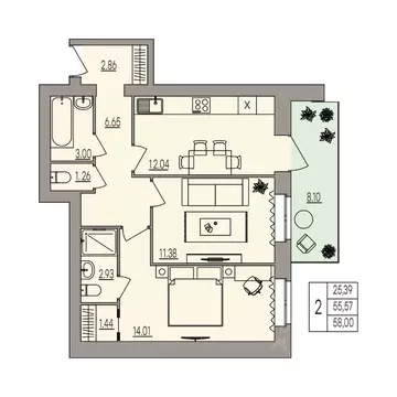 2-к кв. Волгоградская область, Волгоград ул. Землячки, 84 (58.0 м)