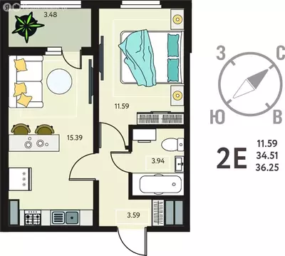 1-комнатная квартира: Курск, улица Энгельса, 115/6 (36.25 м)
