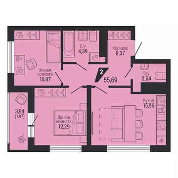 2-к кв. Свердловская область, Екатеринбург пер. Ученический, 4 (55.93 ...