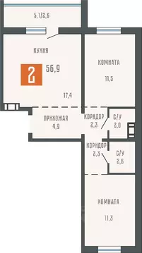 2-к кв. Курганская область, Курган ул. Коли Мяготина, 34А (56.9 м)