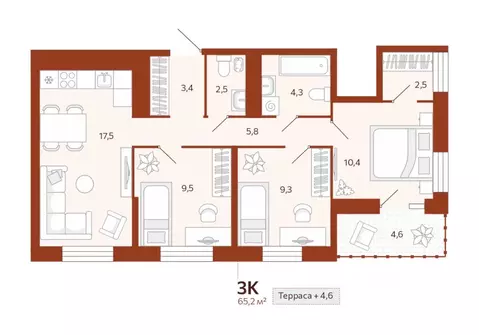 2-к кв. Тюменская область, Тюмень ул. Новаторов, 30 (65.2 м)