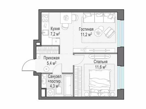 1-комнатная квартира: Мытищи, жилой комплекс Белый Grad, 12.2 (39.7 м)