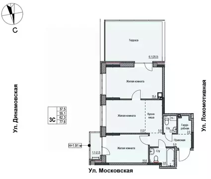 3-к кв. Удмуртия, Ижевск Локомотивная ул., 2 (62.3 м)