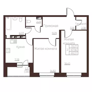 2-к кв. Орловская область, Орел ул. Левый Берег реки Оки, 21к1 (69.22 ...