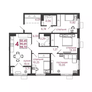 4-комнатная квартира: Пенза, ЖК Микрорайон Новобережье, 2 (98.72 м)