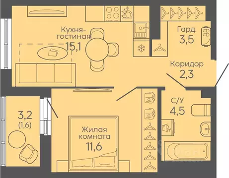 1-к кв. Свердловская область, Екатеринбург Новокольцовский мкр, ...