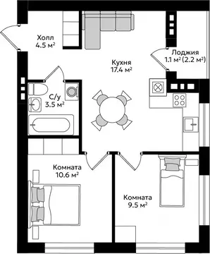 2-к кв. Калининградская область, Гурьевск Пражский жилой комплекс ...
