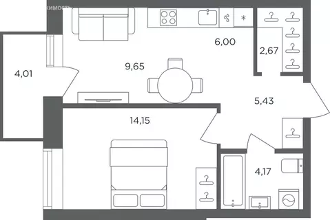 1-комнатная квартира: Пермь, микрорайон ДКЖ (43.27 м)