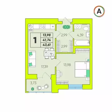 1-к кв. Калужская область, Калуга Зеленый жилой комплекс (43.61 м)