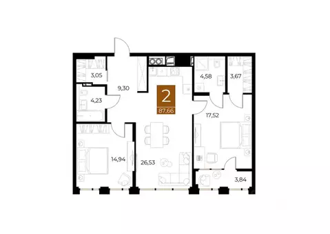 2-к кв. Рязанская область, Рязань Медный жилой комплекс (87.66 м)