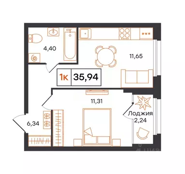 1-к кв. Тюменская область, Тюмень Полевая ул., 117к12 (35.94 м)